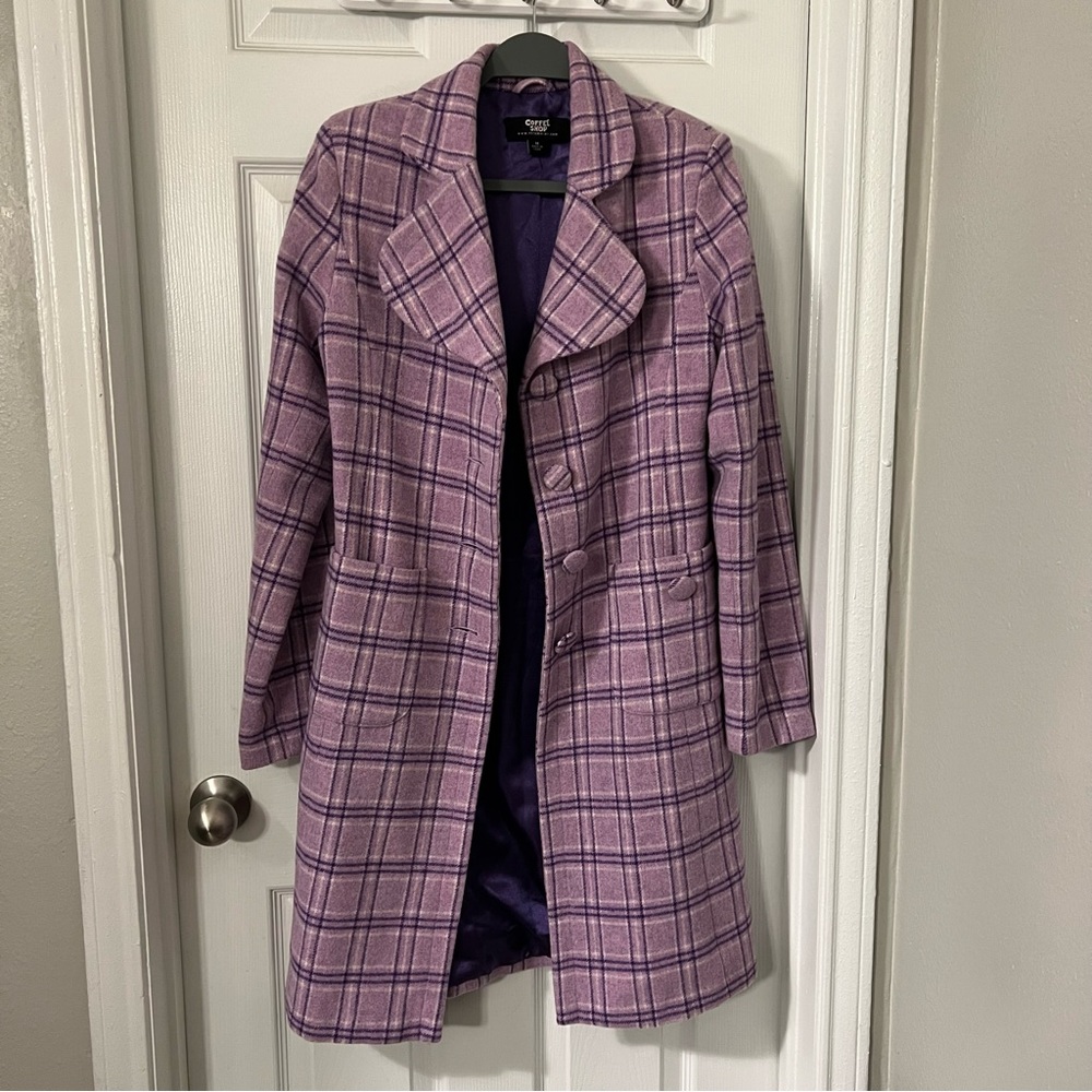 CoffeeShop Juniors Purple Plaid Button Up Long Coat Size Medium